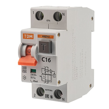 Автоматический выключатель дифференциального тока 2Р 16A 30mА 6kА (тип А) АВДТ63 TDM